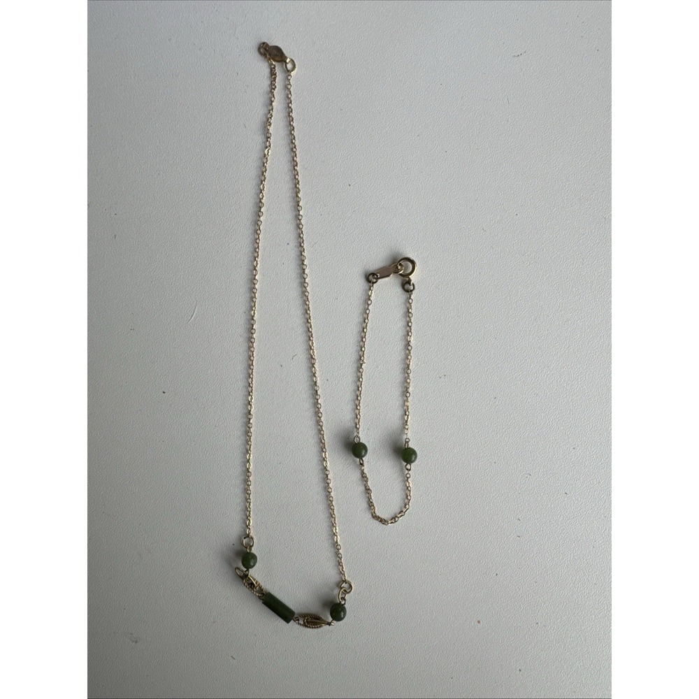 Vintage 12KT GF Green Jade Necklace Bracelet Set 16" Gold Filled